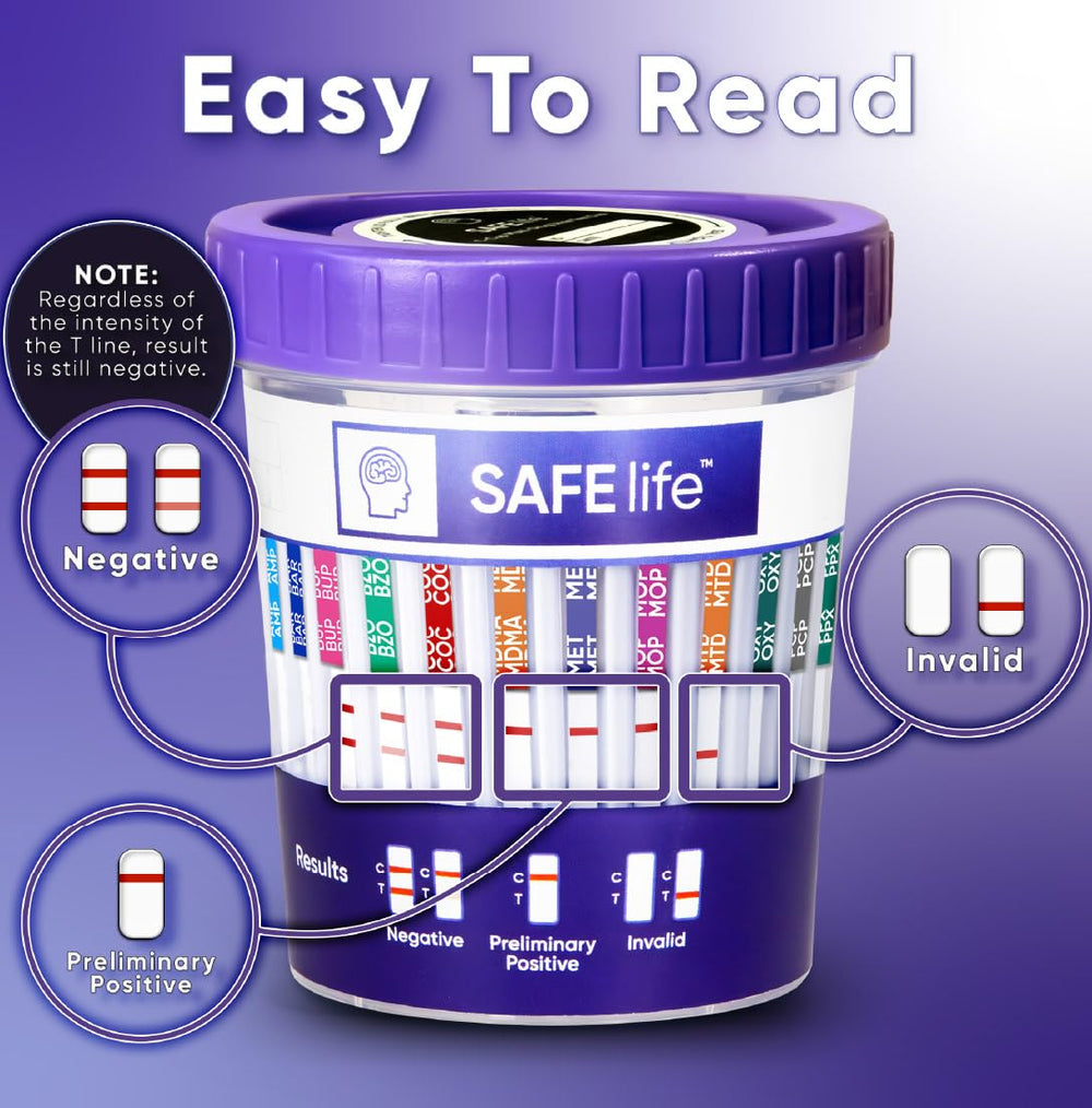 SAFE LIFE 13-panel urine cup CLIA-waived label for OTC use.