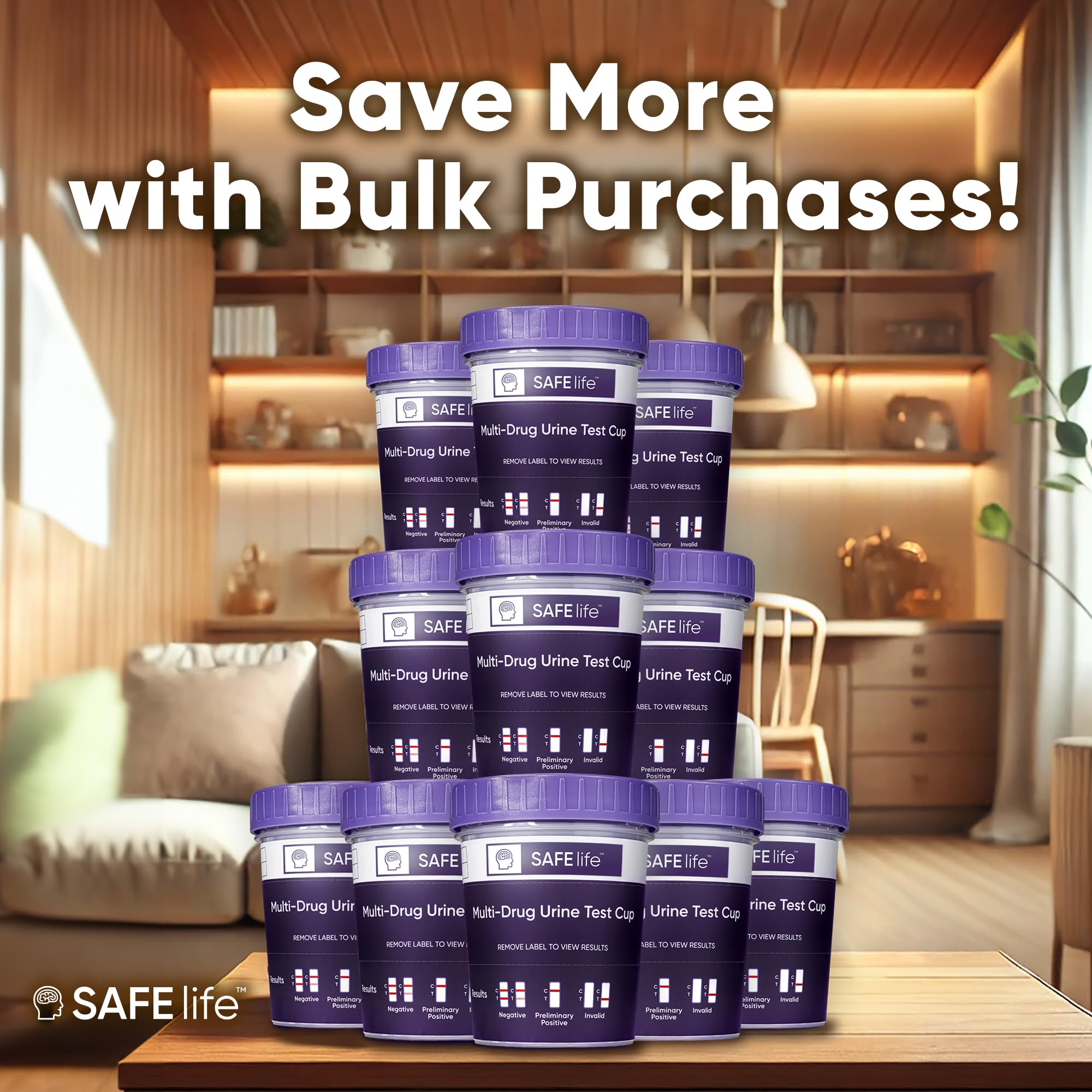 SAFE LIFE 25-pack urine collection cup with cap ready for screening.