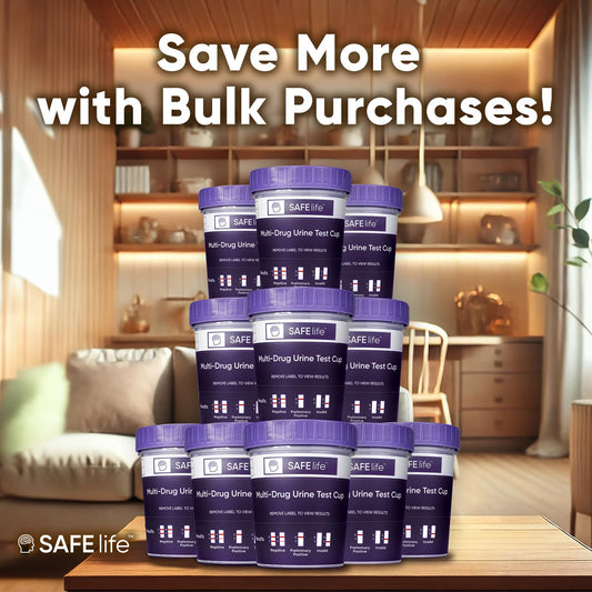 SAFE LIFE 25-pack urine collection cup with cap ready for screening.