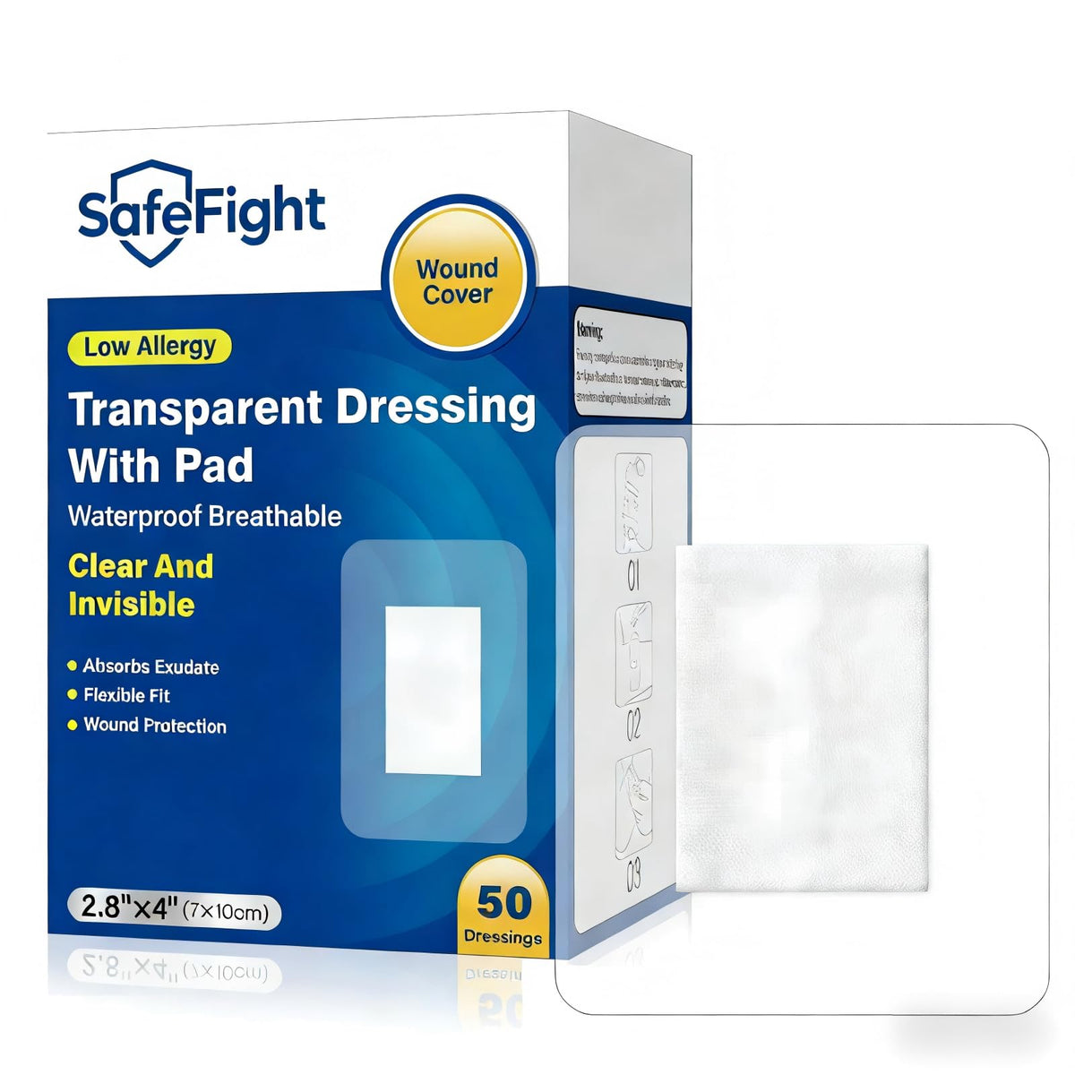 SafeFight transparent film dressing with pad provides waterproof protection for showers and swims.