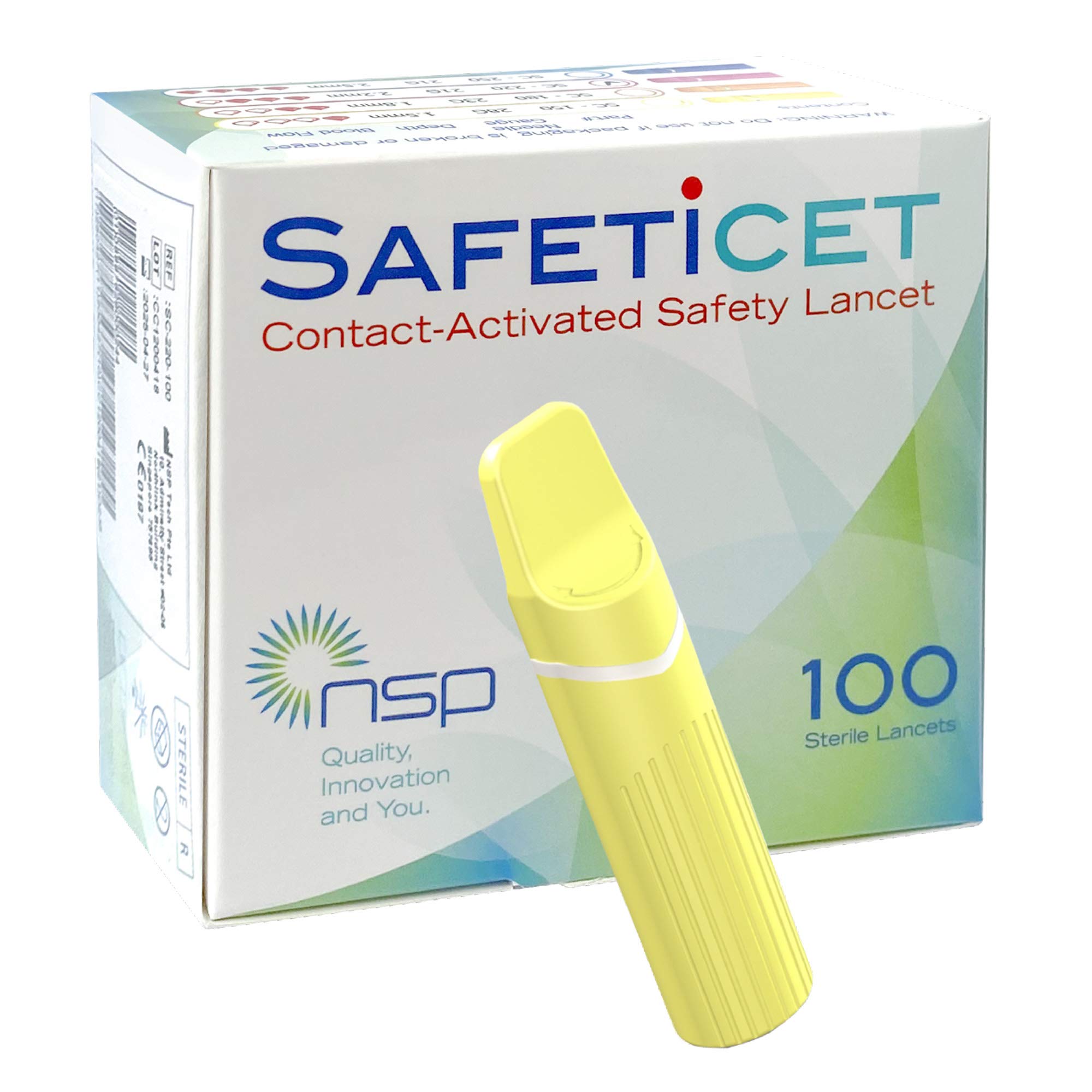 Safeticet contact lancet yellow 100 units, single-use design for cleaner home testing.