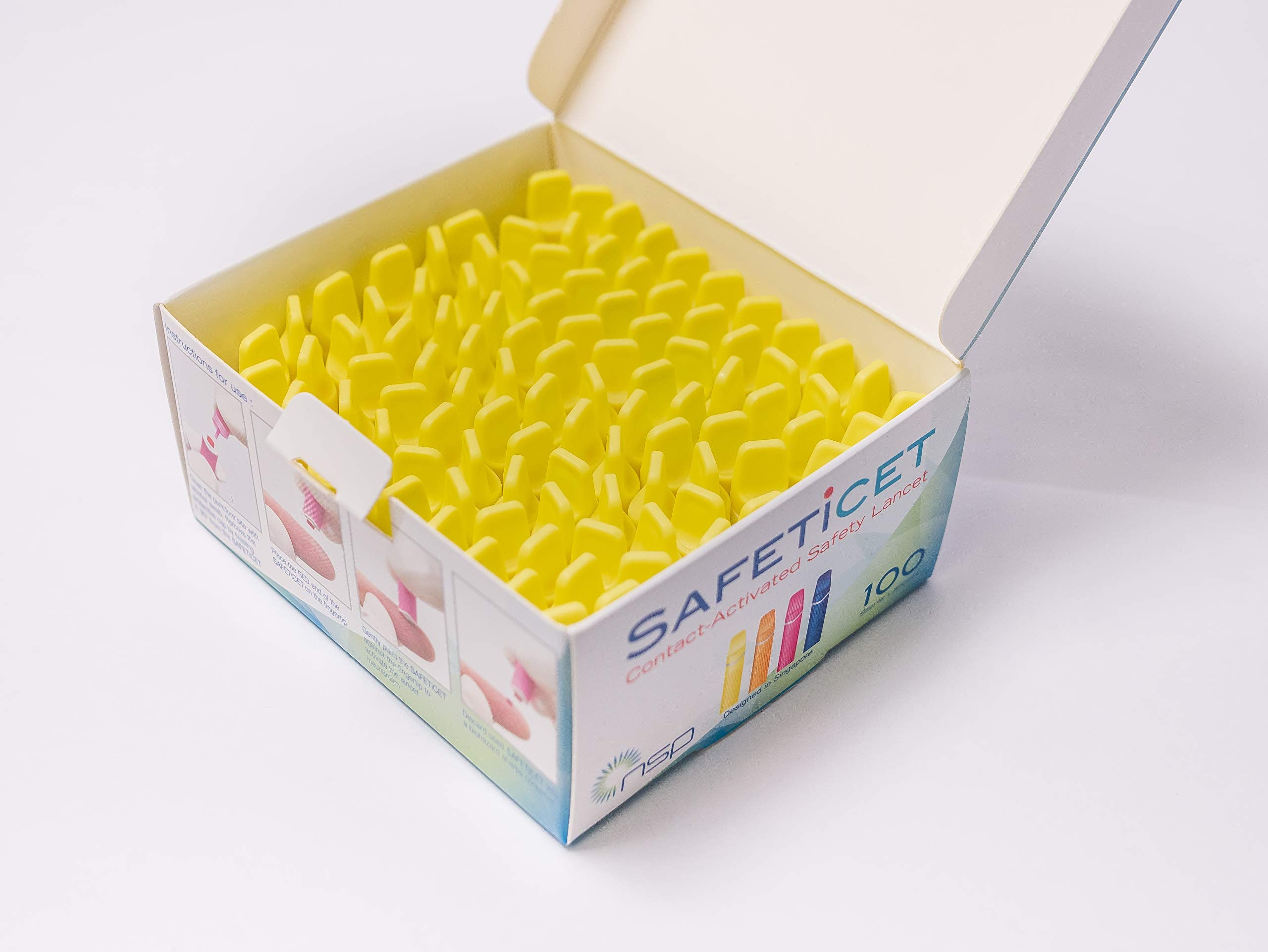 Single-use Safeticet lancet highlighting fixed depth and small sampling volume.