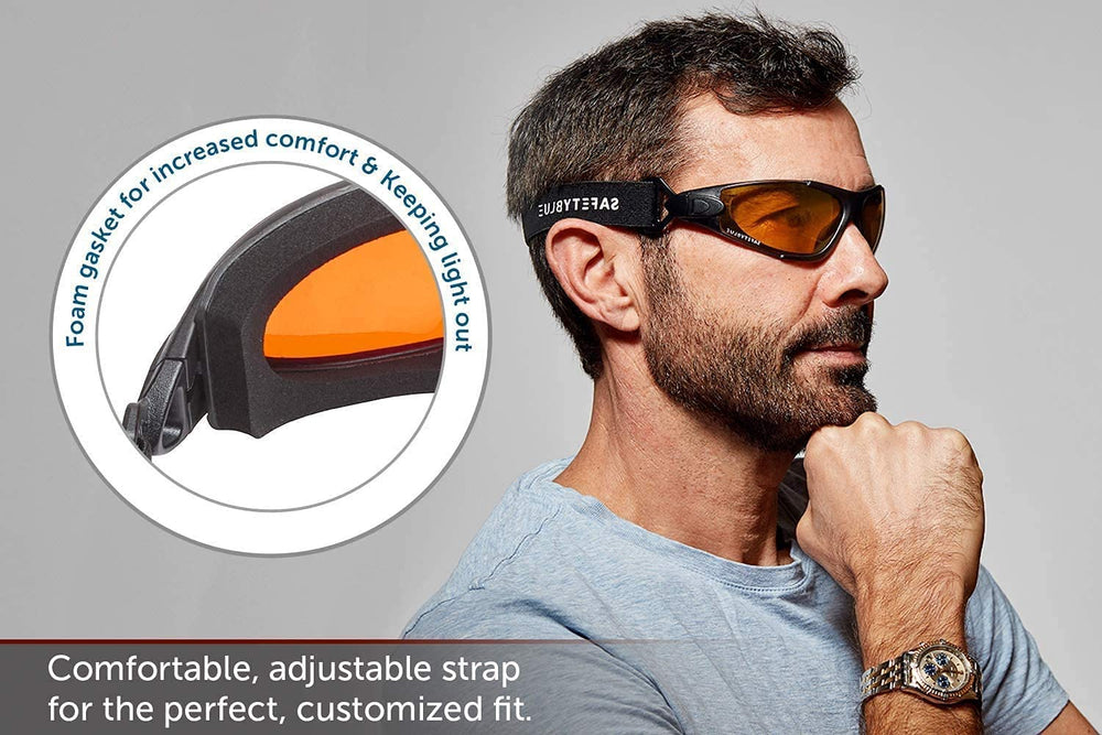 SafetyBlue blue-green light blocking glasses side view reduce eye strain after screens.