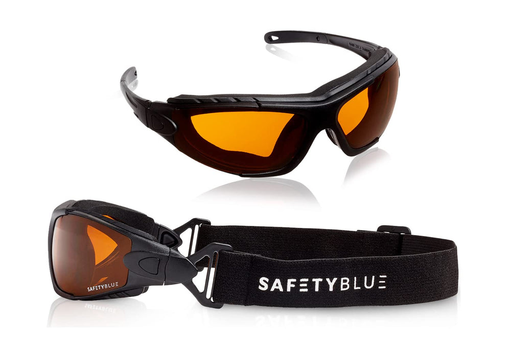 SafetyBlue Sleep Savior Deluxe amber lens glasses from front view block blue light for calmer evenings.