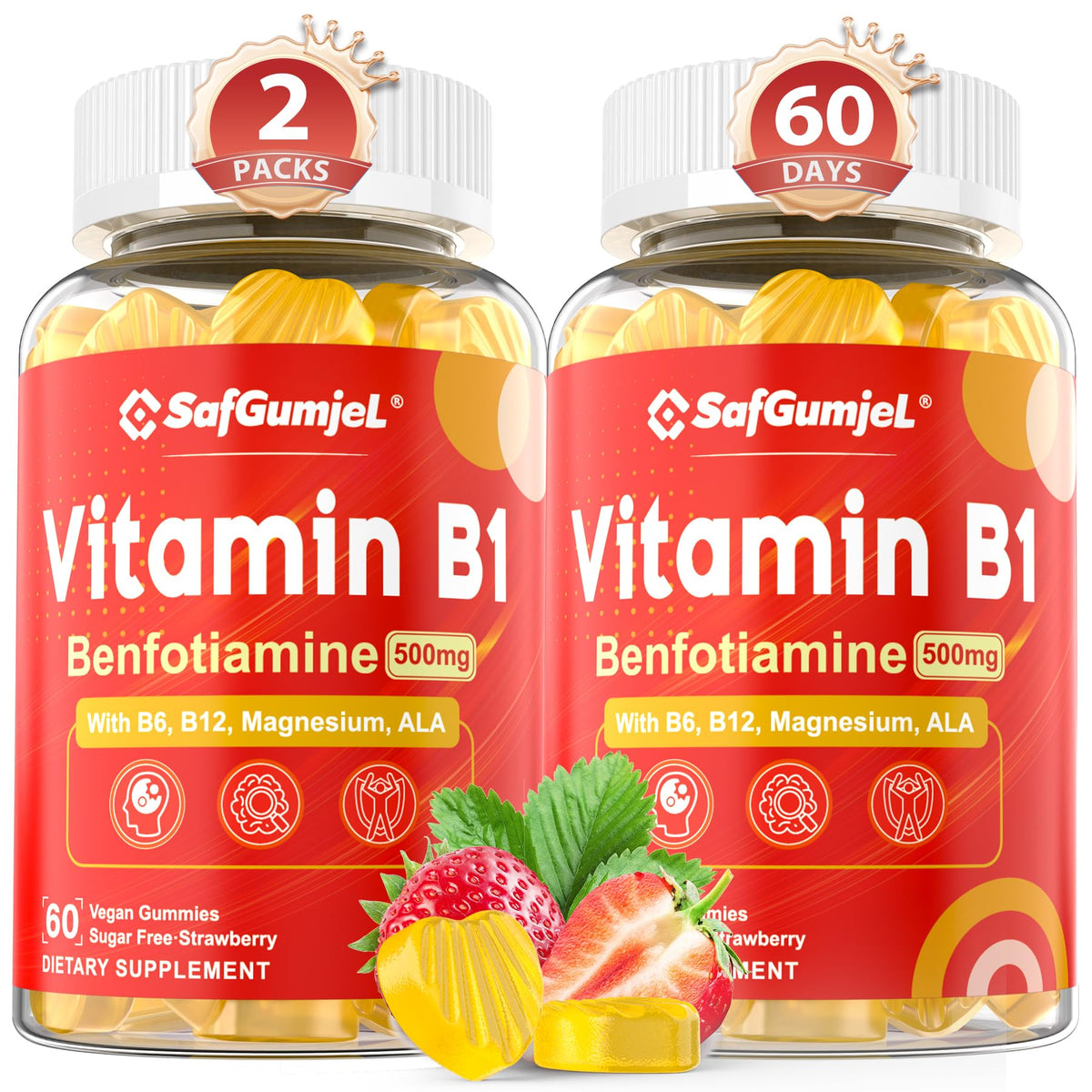 Safgumjel Vitamin B1 Benfotiamine gummies bottle with vegan, sugar-free formula for daily energy support.