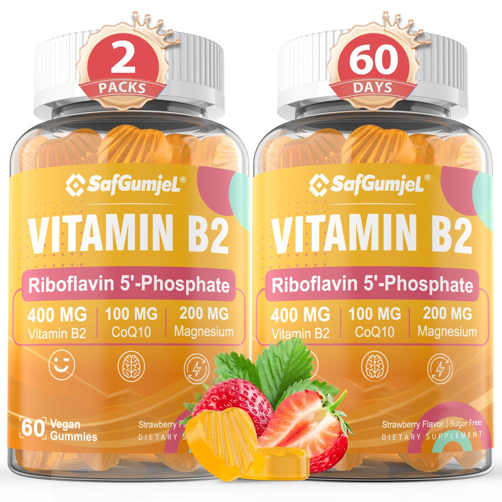 Safgumjel Vitamin B2 Gummies bottle front showing vegan sugar-free formula for energy support