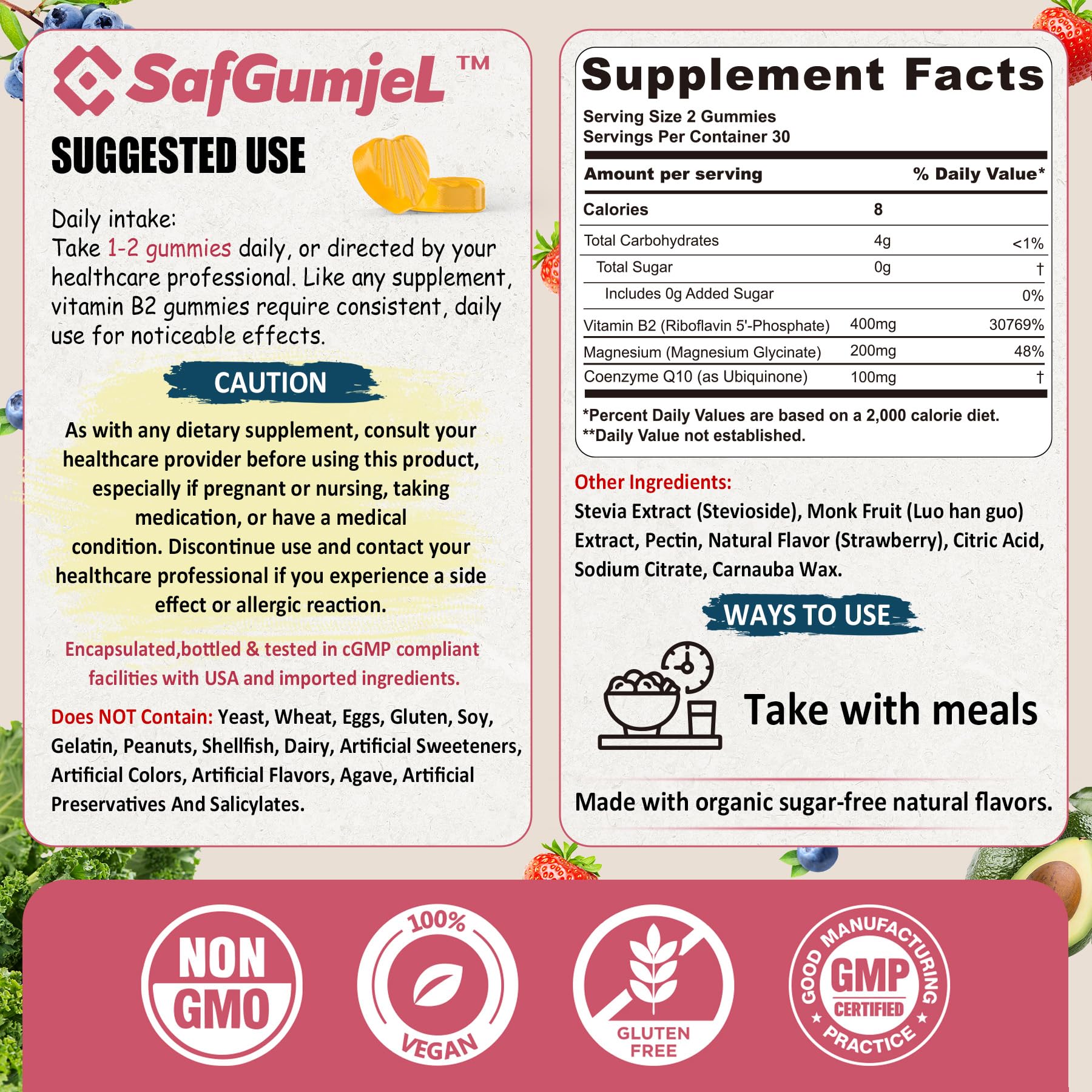 Safgumjel Vitamin B2 Gummies bottle side view highlighting magnesium and CoQ10 for cellular energy support