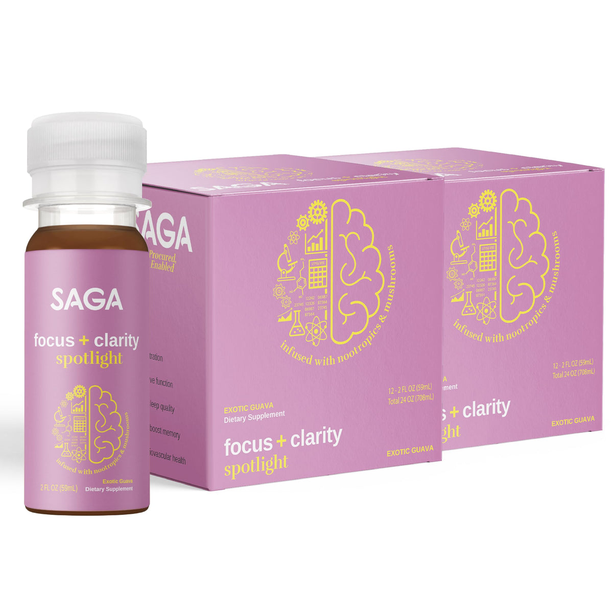 Saga Spotlight guava bottle showcasing vibrant color for focus-on-the-go.
