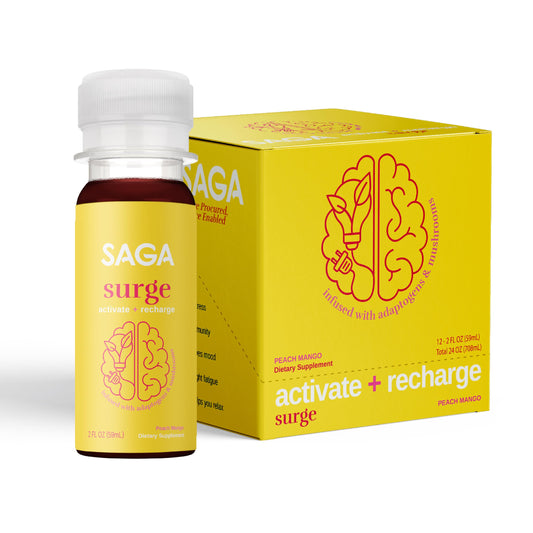 SAGA Surge Peach Mango bottle delivers quick, clean energy for focused workouts.