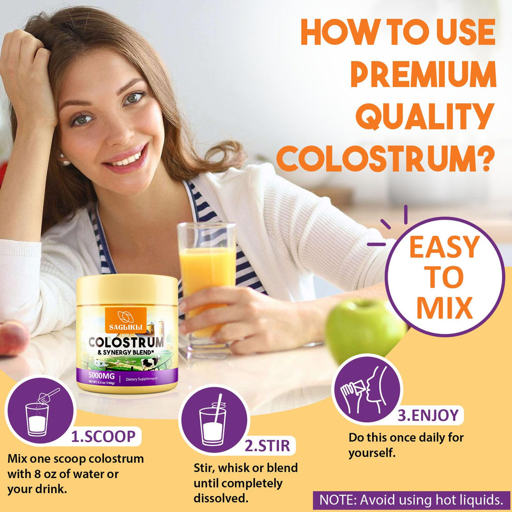 Saglikli colostrum powder ingredients pack illustration highlights lactoferrin