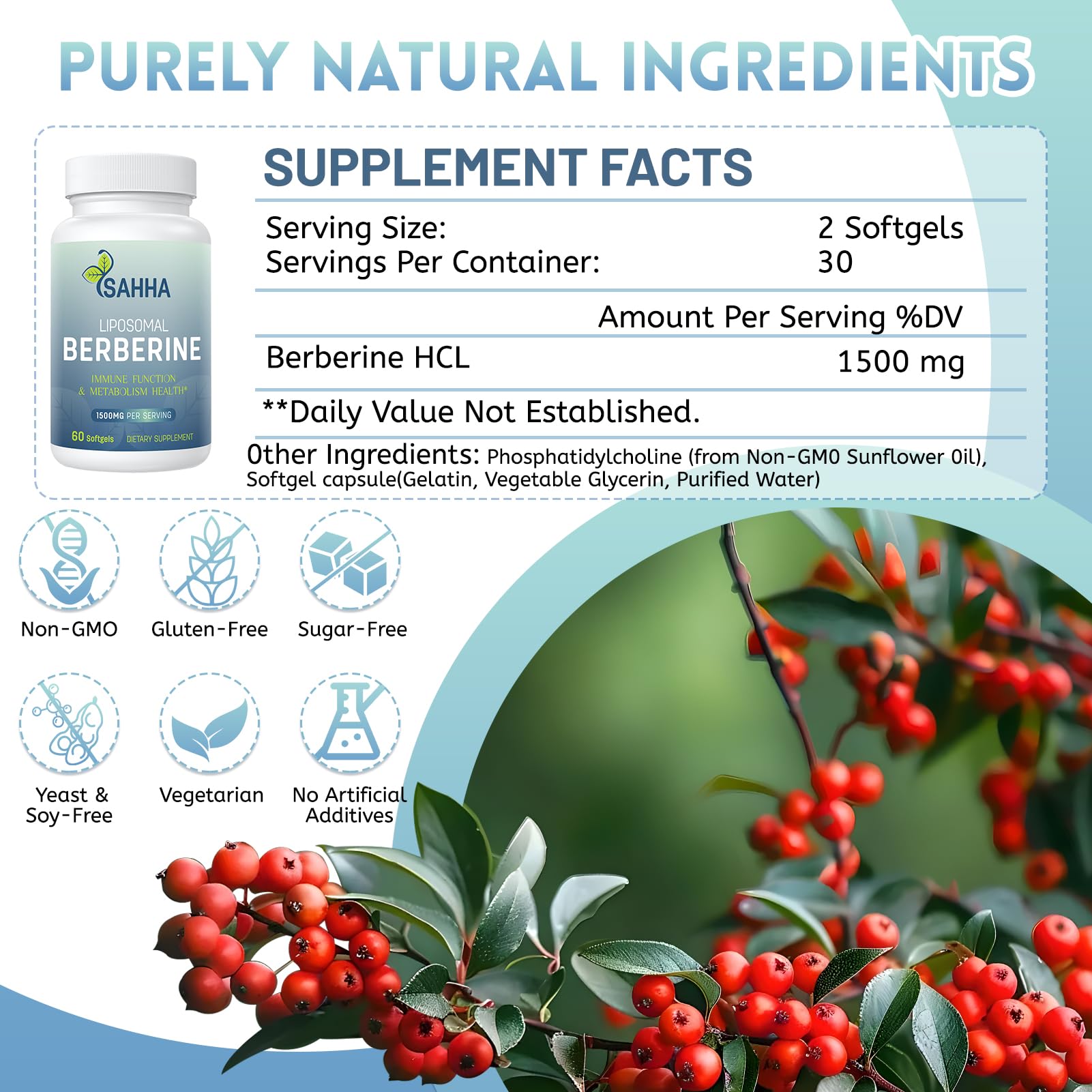 Sahha Berberine label notes non-GMO, gluten-free, and allergen-free formula