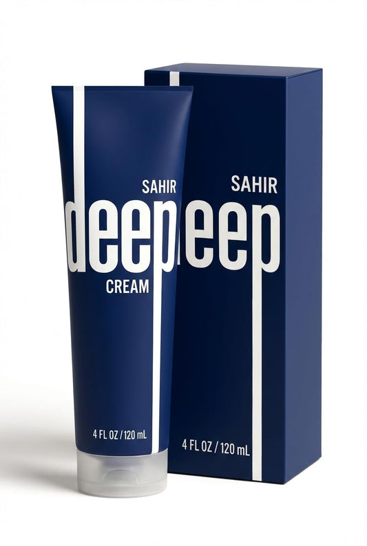 SAHIR Deep Blue Cooling Muscle Cream tube demonstrates fast-absorbing relief for tired muscles.
