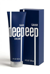 SAHIR Deep Blue Cooling Muscle Cream tube demonstrates fast-absorbing relief for tired muscles.