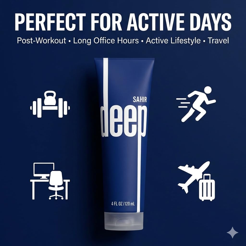 SAHIR Deep Blue fast-absorbing texture on skin provides non-greasy everyday comfort.