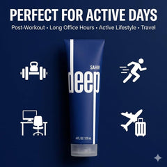 SAHIR Deep Blue fast-absorbing texture on skin provides non-greasy everyday comfort.