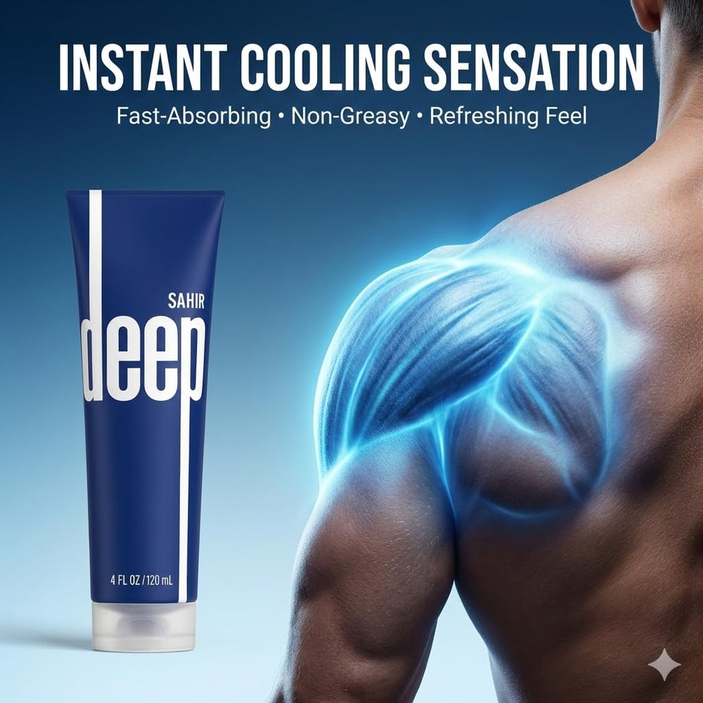 SAHIR Deep Blue menthol-camphor formula closeup for refreshing cooling sensation after activity.