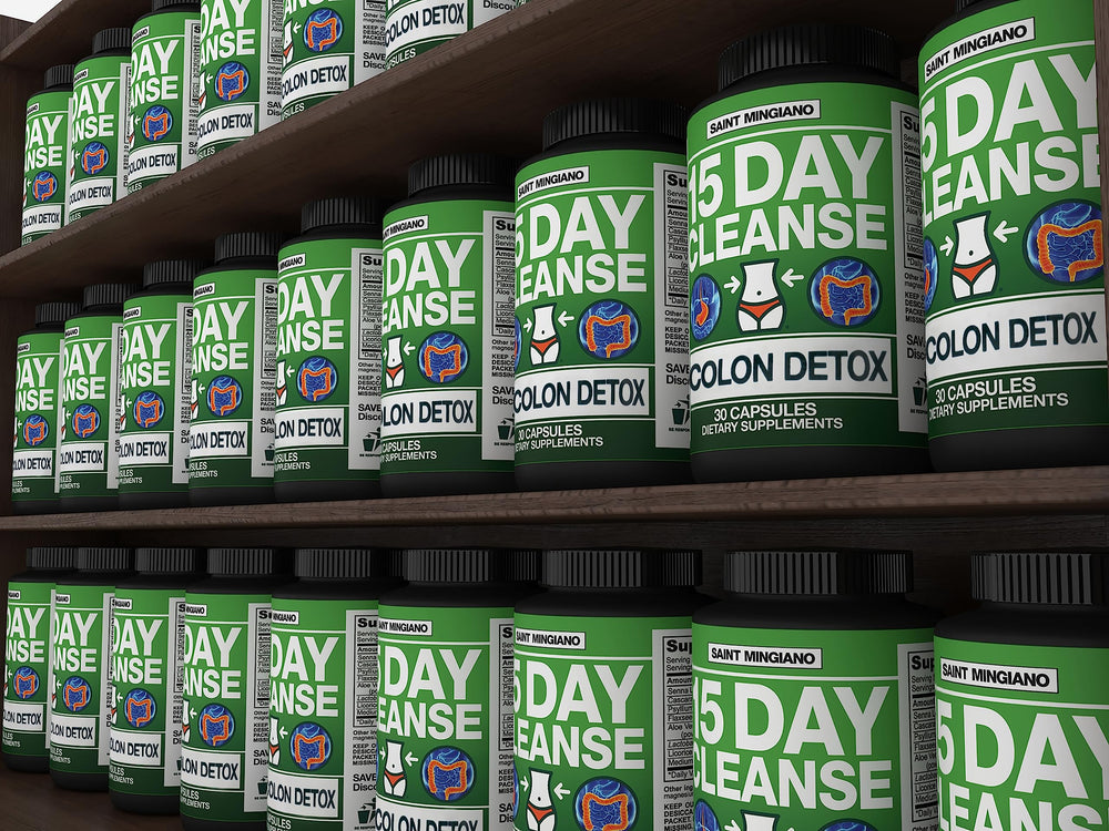 Saint Mingiano 15 Day Cleanse bottle with dosage guide shown.
