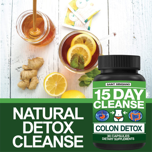 Saint Mingiano 15 Day Cleanse pills close-up showing capsules for routine support.