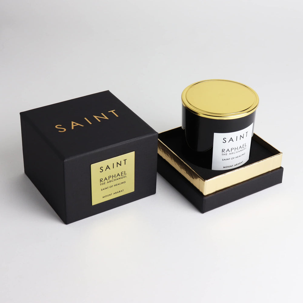 Saint Raphael aromatherapy notes blend iris, bergamot, vanilla for mood lift.