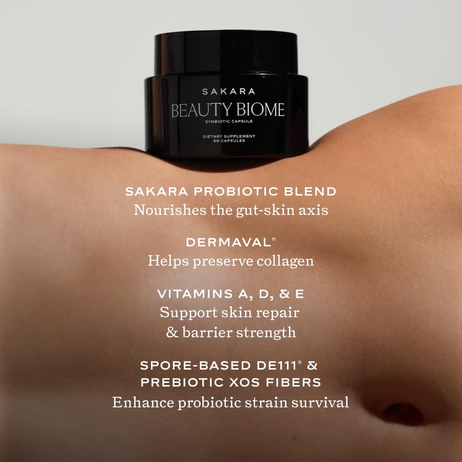 SAKARA Beauty Biome ingredients overlay communicates clean, plant-based wellness for inside-out glow.