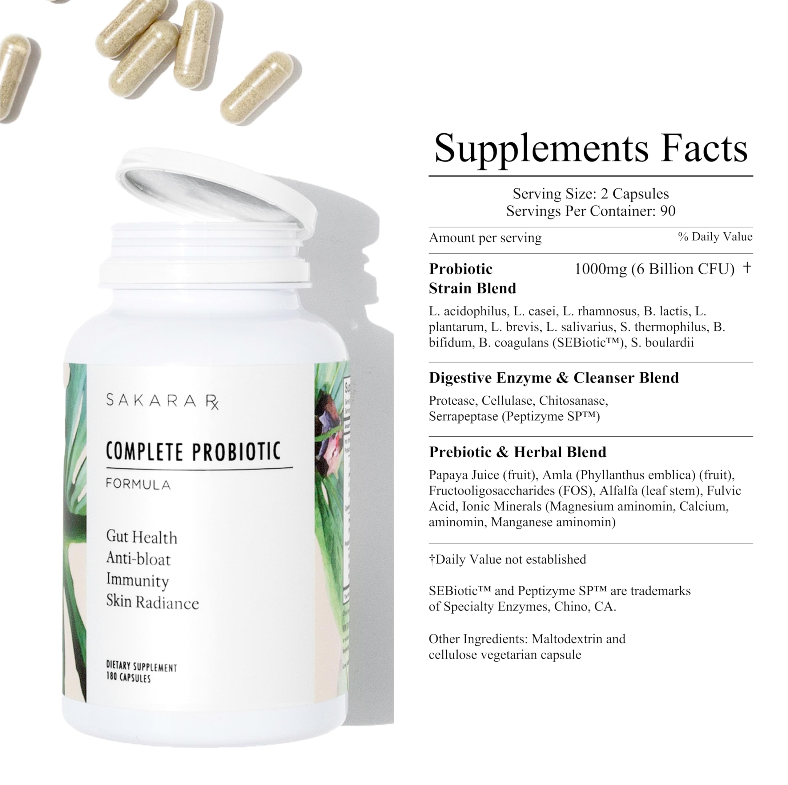 SAKARA Complete Probiotic bottle highlighting immune support and skin clarity.