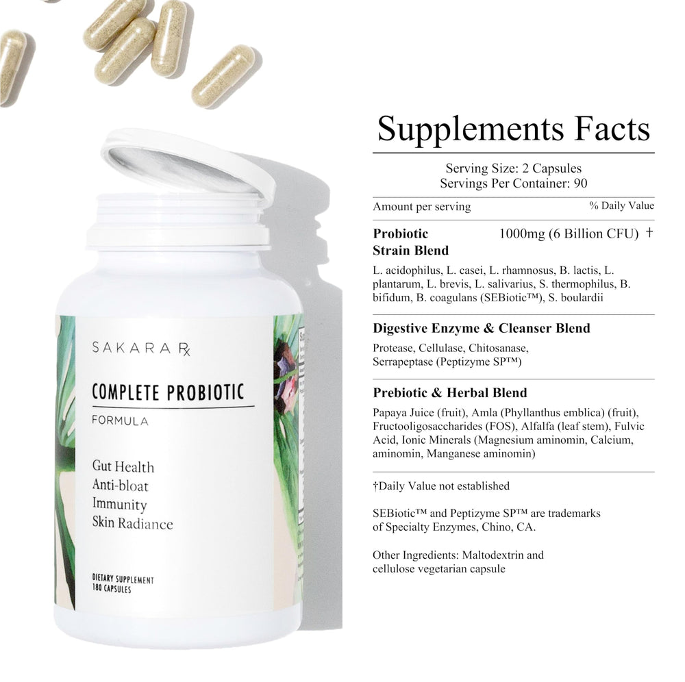 SAKARA Complete Probiotic bottle highlighting immune support and skin clarity.