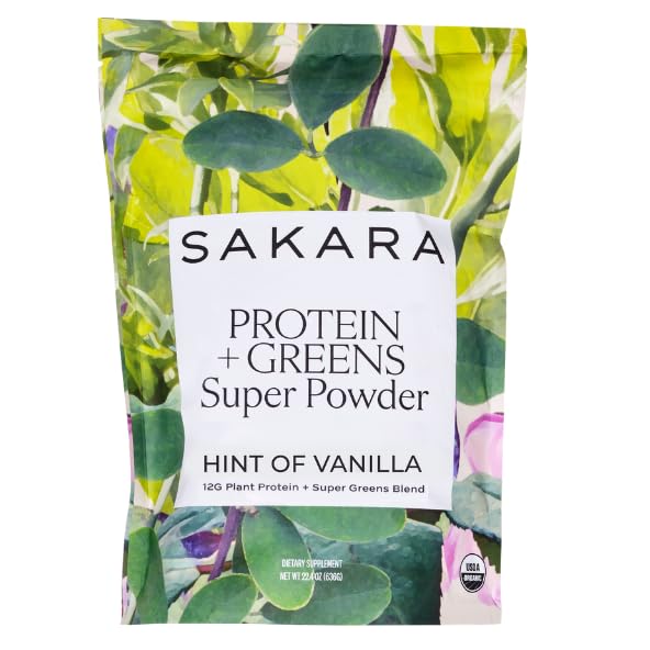 SAKARA Protein + Greens powder tub shows a plant-based blend for clean energy.
