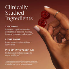 SAKARA Serene State closeup shows vibrant wildberry gummies supporting focus and calm.