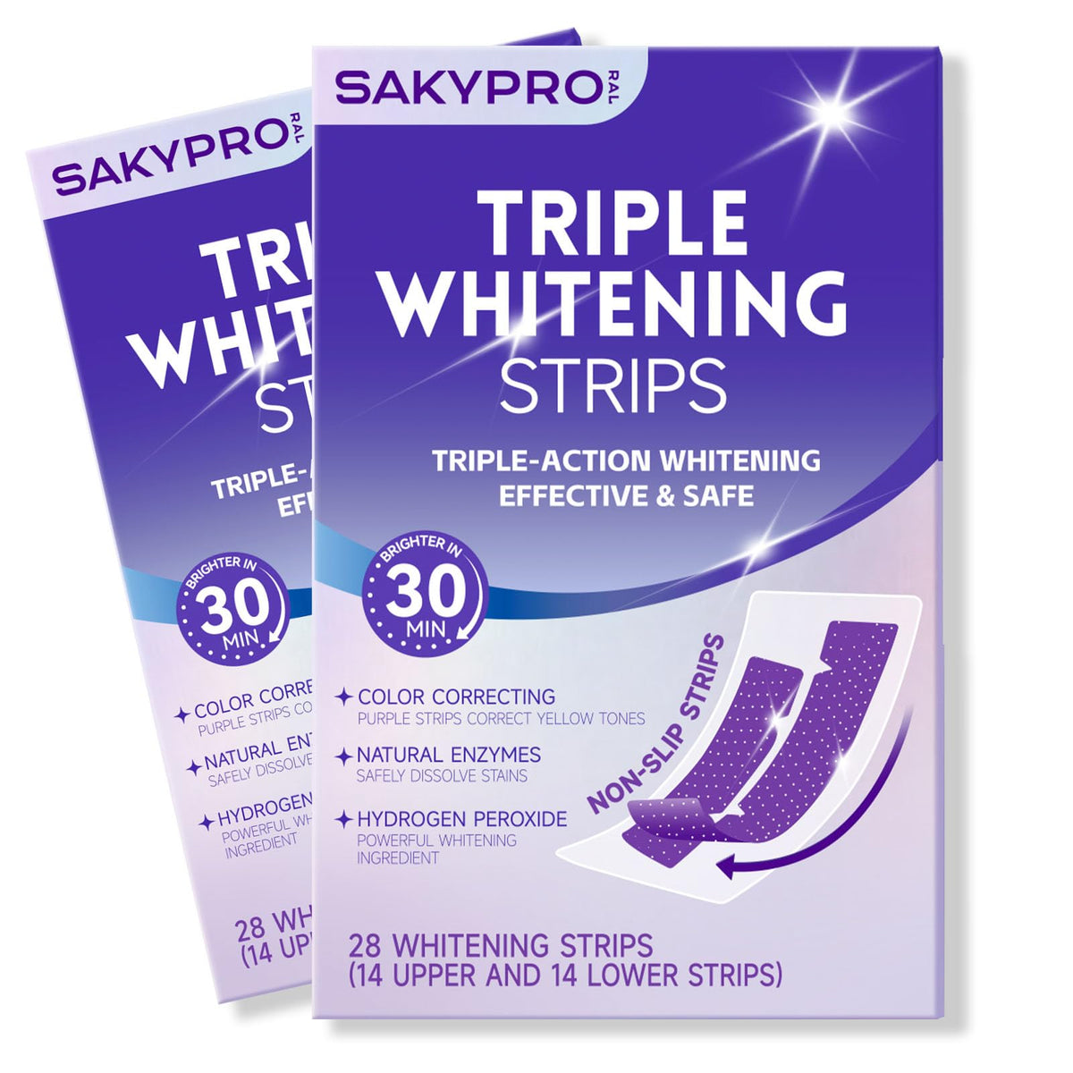 SAKYPRORAL purple whitening strip in use for brighter smile and even color