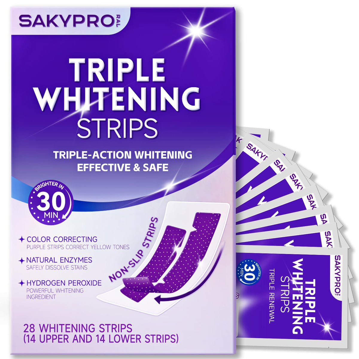 SAKYPRORAL purple brightening strips pack for swift, enamel-friendly whitening.