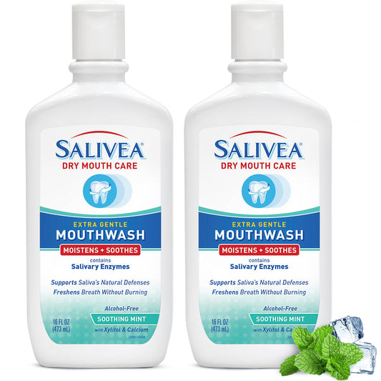 Salivea dry mouth mouthwash bottle promoting saliva support with mint freshness.