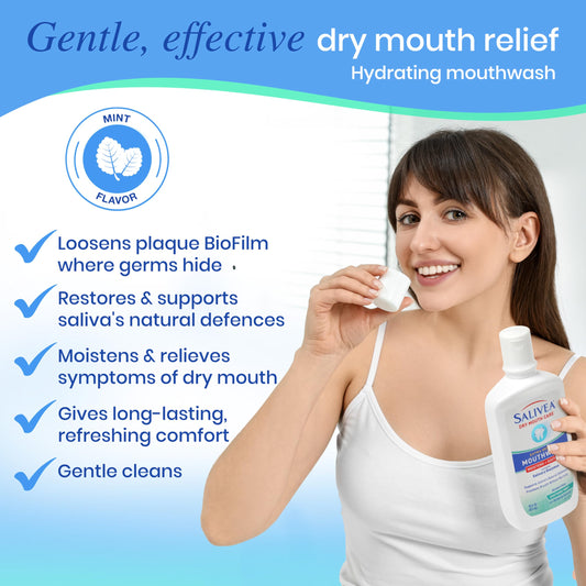 Salivea dry mouth mouthwash label highlighting natural salivary enzymes.