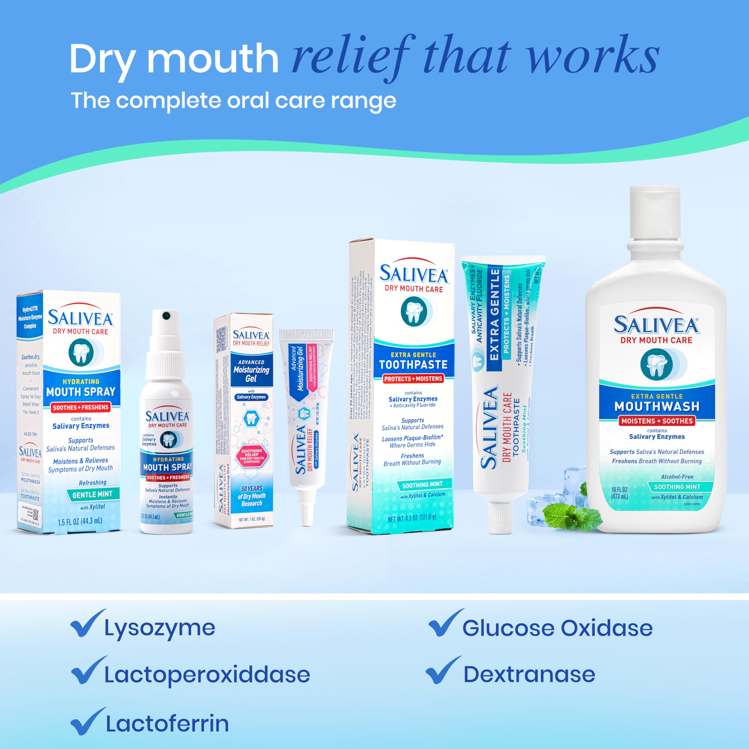Salivea family lineup image showing toothpaste and mouth spray for complete care.