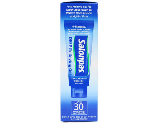 Salonpas Deep Pain Relieving Gel tube with application illustration for sore muscles.