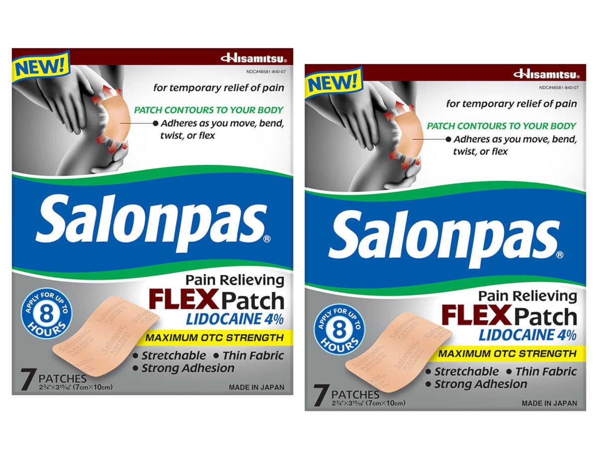 Salonpas flex patch with lidocaine 4% applied on skin for movement-friendly relief.