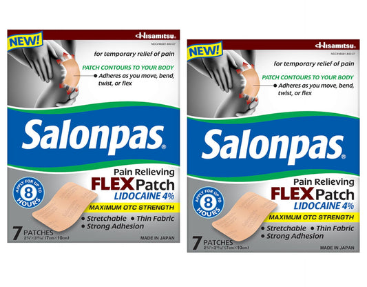 Salonpas flex patch with lidocaine 4% applied on skin for movement-friendly relief.