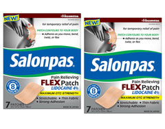 Salonpas flex patch with lidocaine 4% applied on skin for movement-friendly relief.