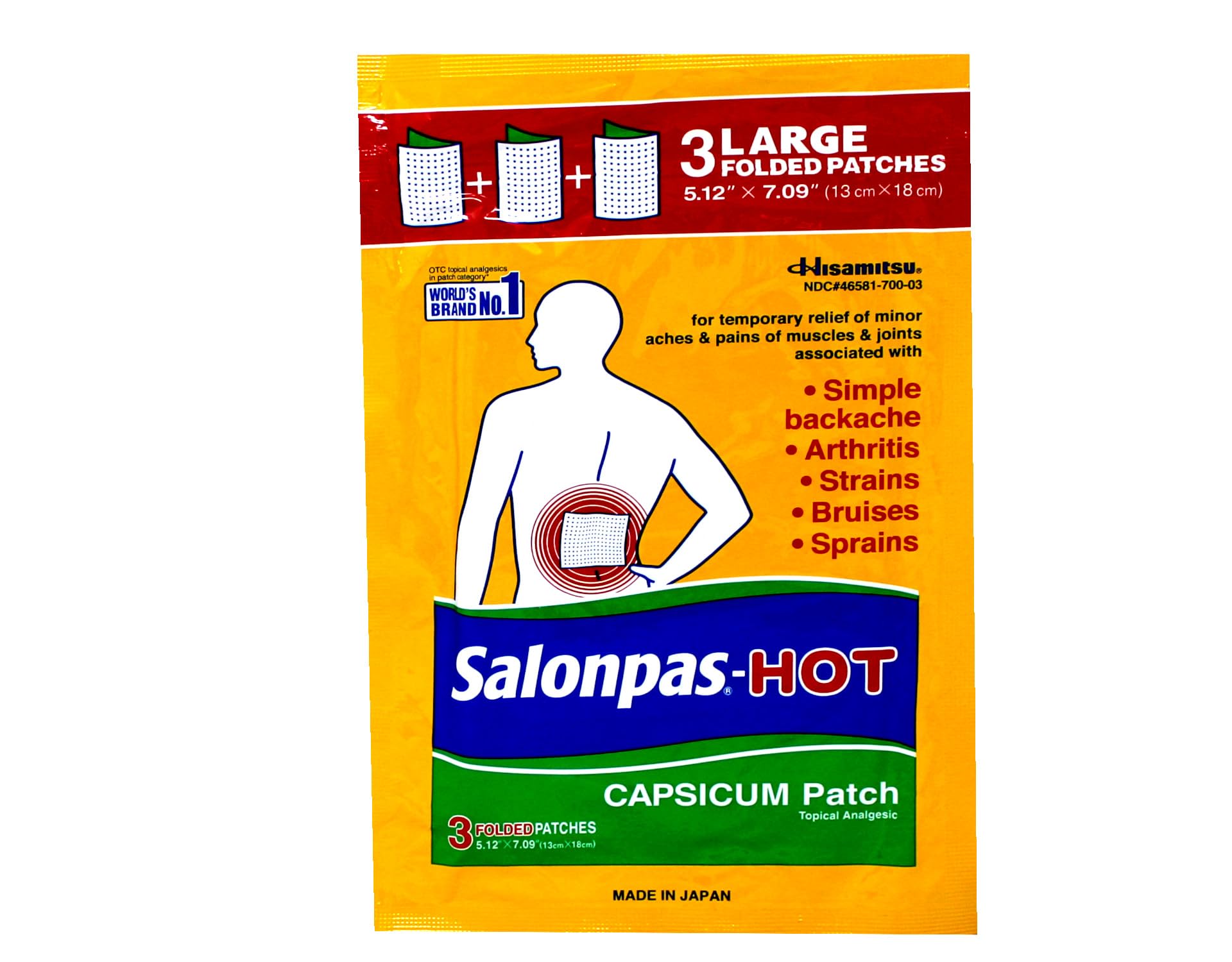 Salonpas hot capsicum patch pack6 unwrapped shows easy-to-use sheet for home relief