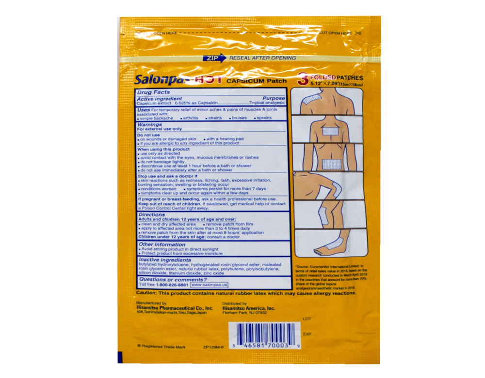 Salonpas hot capsicum patch applied to shoulder or back may ease localized discomfort