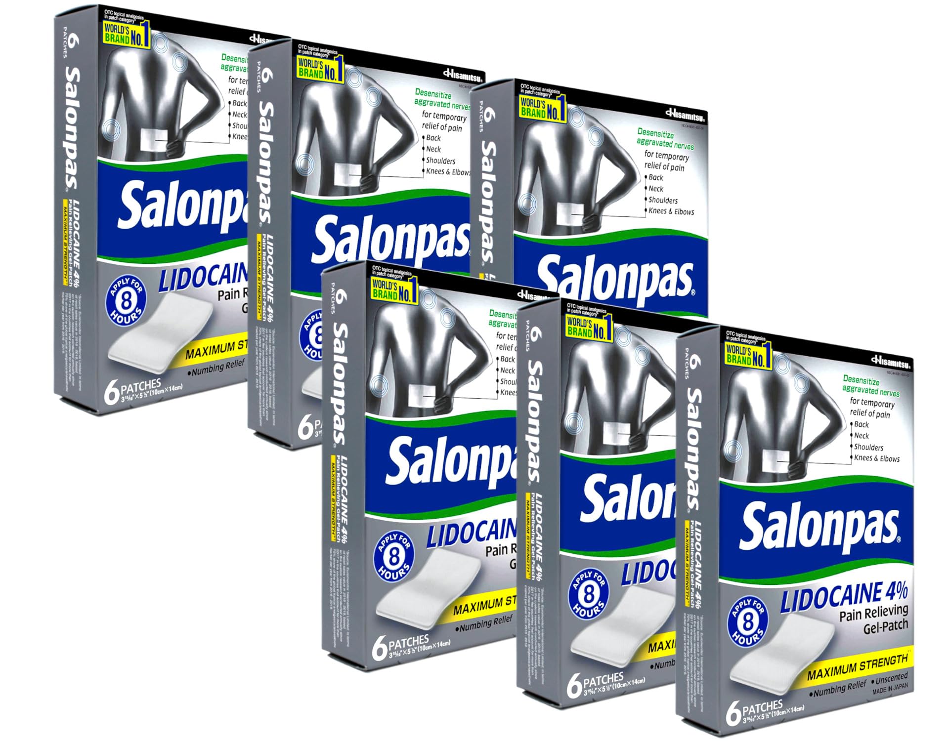 Salonpas Lidocaine patch back-view shows targeted numbness for back discomfort relief.