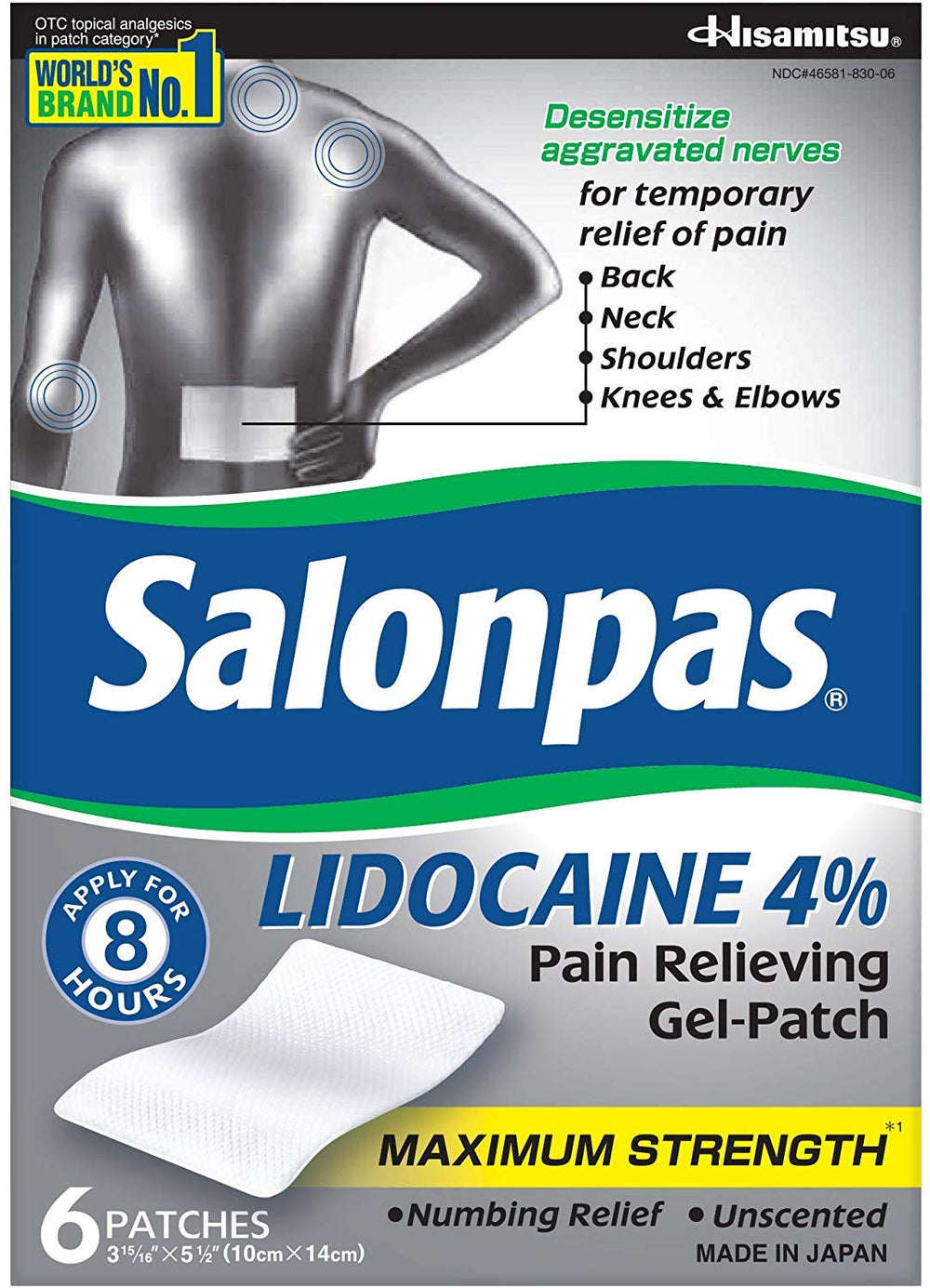 Salonpas LIDOCAINE patch outer pack highlighting maximum strength relief