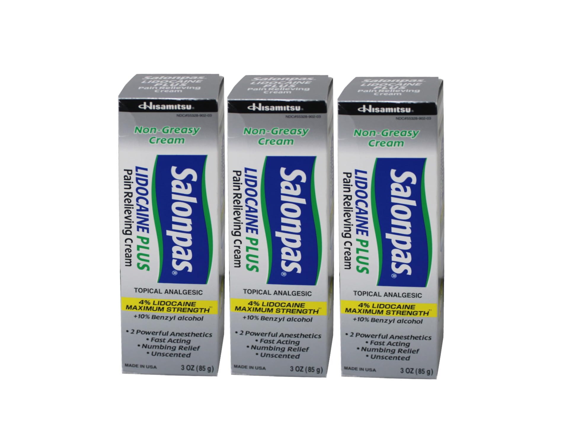 Salonpas Lidocaine Plus Cream pack front view for quick relief on the go.