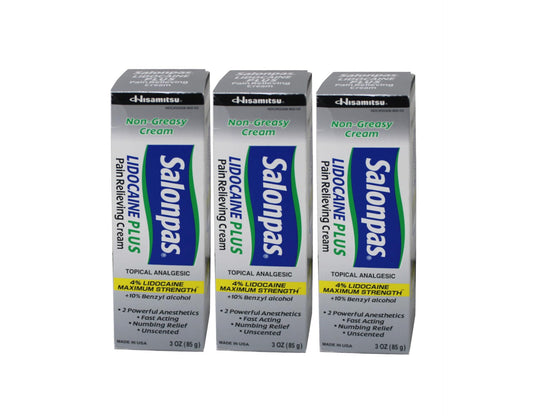 Salonpas Lidocaine Plus Cream pack front view for quick relief on the go.