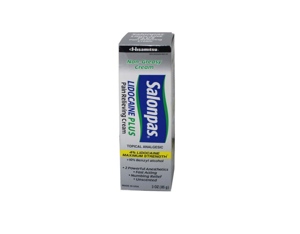Salonpas Lidocaine Plus Cream tubes close-up highlighting unscented, fast-acting formula.