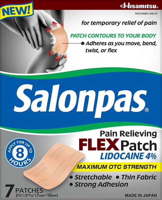Salonpas maximum OTC-strength patch adheres to joints for steady relief.