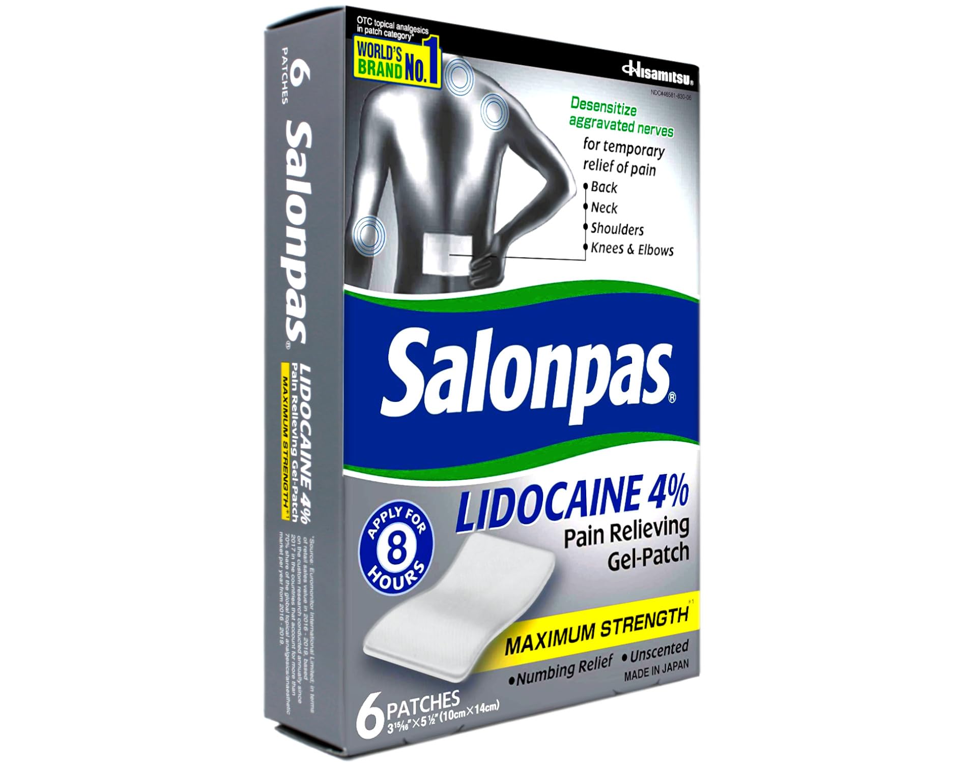 Salonpas maximum-strength lidocaine patch highlights fast, deep relief.