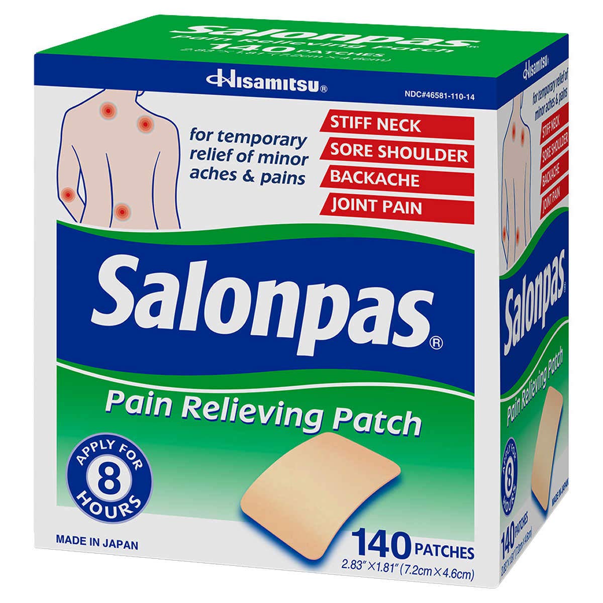 Salonpas pain relief patches in a two-pack packaging for on-the-go relief.
