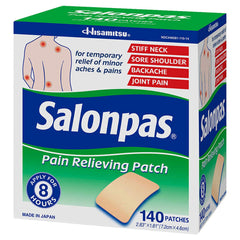 Salonpas pain relief patches in a two-pack packaging for on-the-go relief.