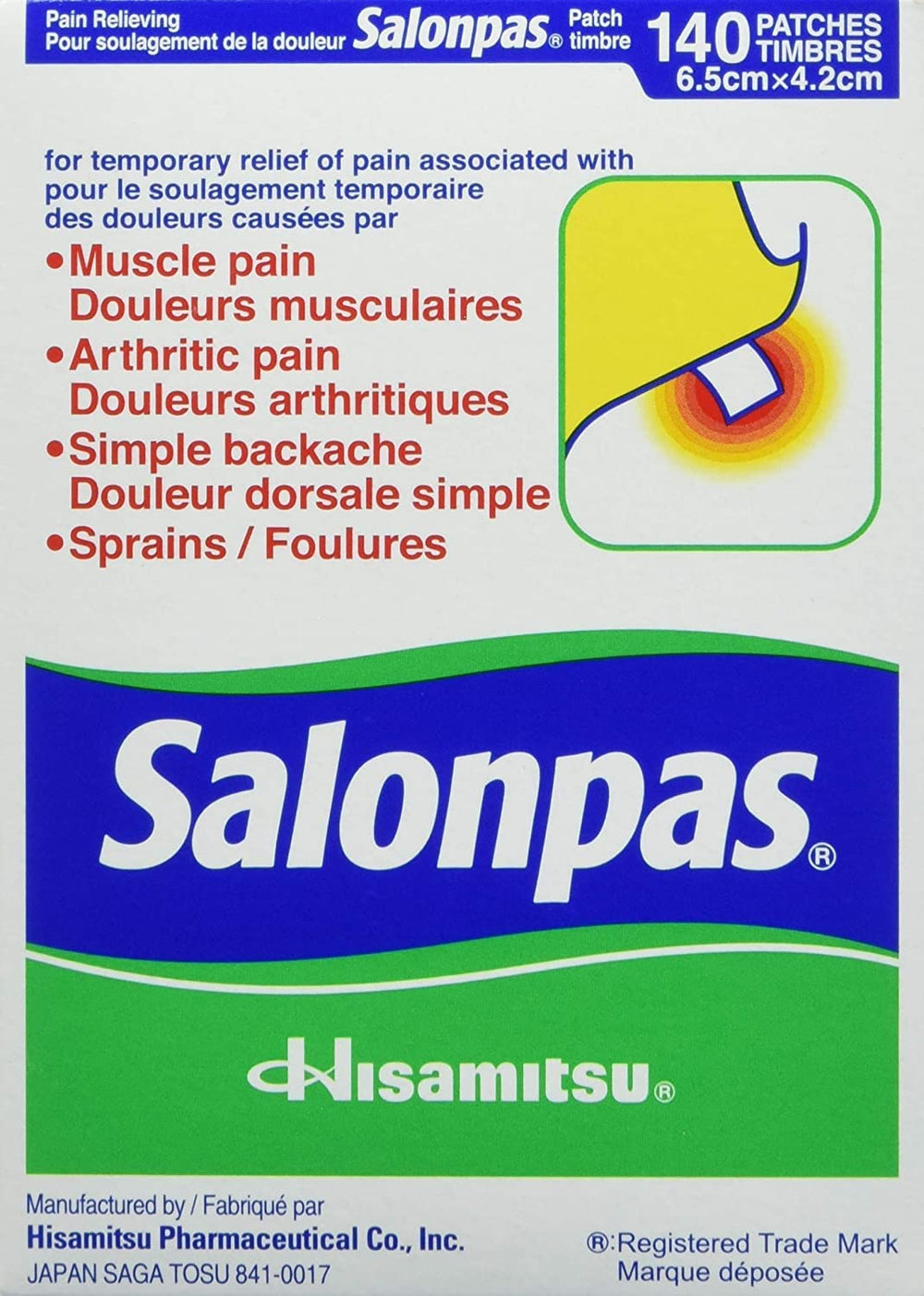 Salonpas patch closeup adhesive edge highlights secure, mess-free wear.