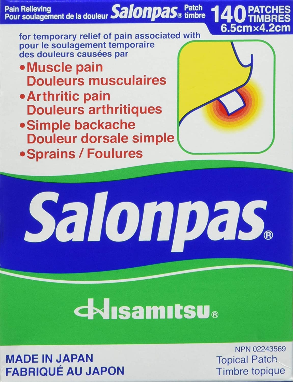 Salonpas patch relief pack front demonstrates easy application for temporary muscle and joint discomfort.